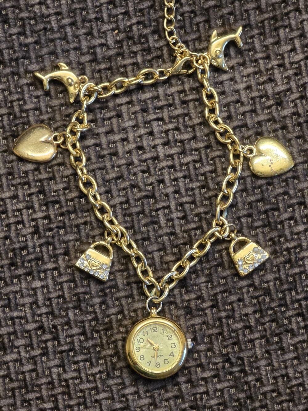Vintage Gold Tone Watch & Heart Charm Purses Dolphins Bracelet Clock Gemstone